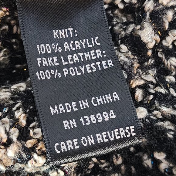 Sioni Black and Gray Boucle Trimmed in Faux Leather Chunky Sweater Cardigan Sz L - Picture 15 of 16
